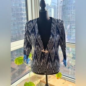 Navy and White Patterned Cardigan with Blue Accents